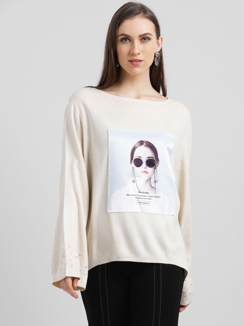 

Zink London Women Off-White Self Design Pullover Sweater with Applique Detail