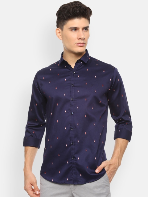 

V Dot Men Navy Blue Slim Fit Printed Casual Shirt