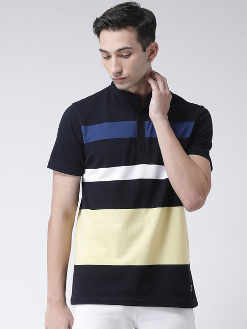 

Club York Men Navy Blue And Yellow Colourblocked Mandarin Collar T-shirt