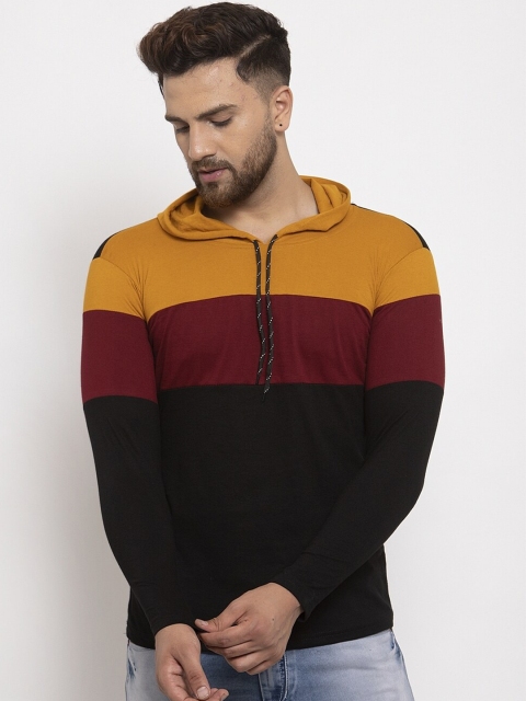 

KATSO Men Mustard Yellow & Black Colourblocked Hood T-shirt