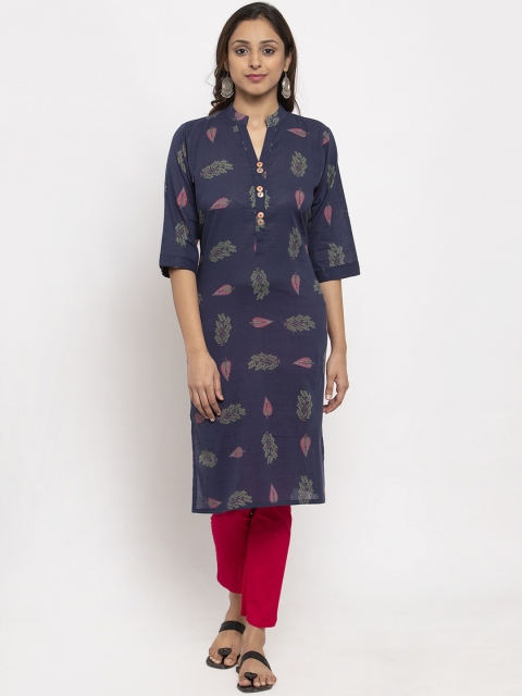 

TAG 7 Women Navy Blue & Pink Printed Straight Kurta