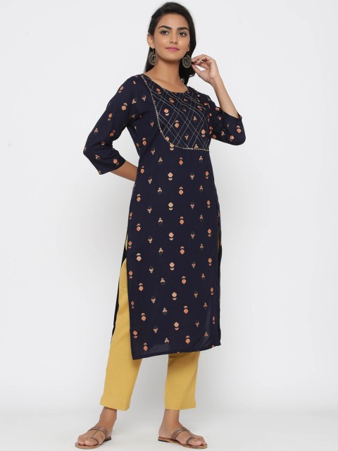 

WomenMagic Women Navy Blue & Peach-Coloured Woven Design Straight Kurta
