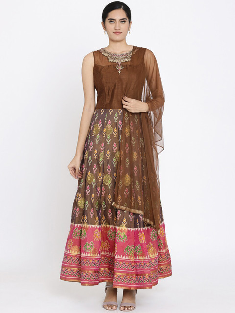

Koskii Women Brown & Pink Printed Maxi Designer Gown With Dupatta