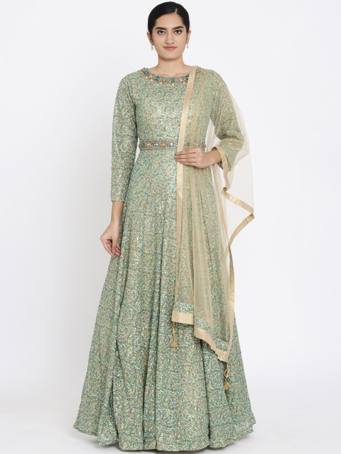 

Koskii Women Green Embellished Maxi Designer Gown With Dupatta
