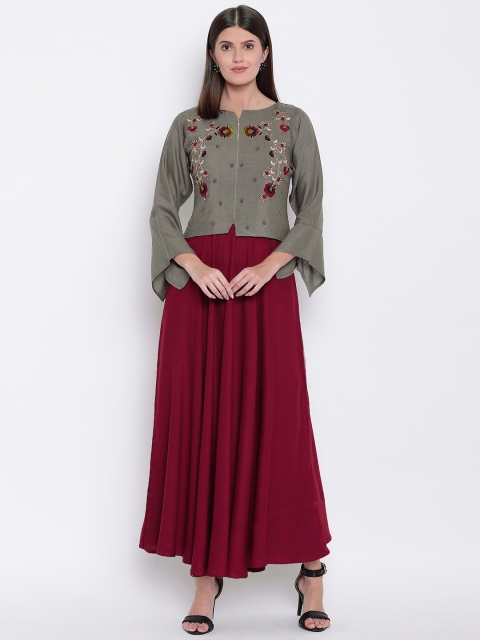

Kvsfab Women Maroon & Grey Solid Flared Maxi Dress