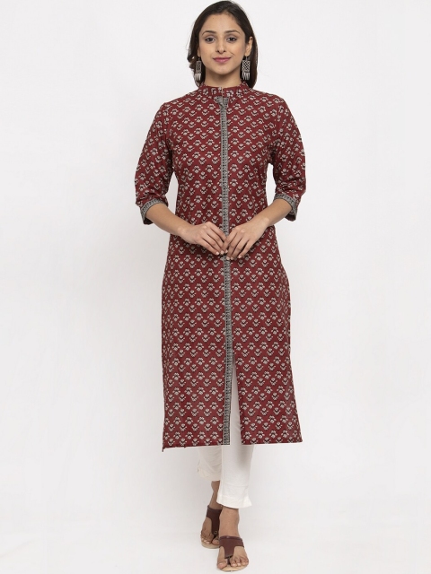 

TAG 7 Women Maroon & White Printed Straight Kurta