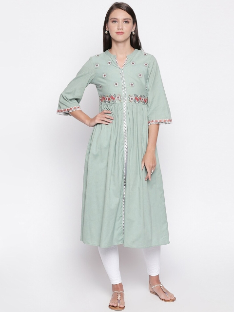 

Lobaanya Women Mint Green Embroidered A-Line Kurta
