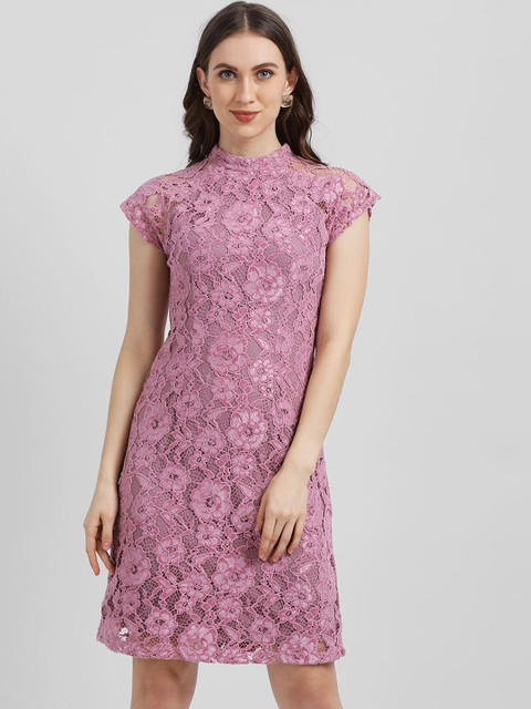 

Zink London Women Pink Floral Self Design Lace Sheath Dress
