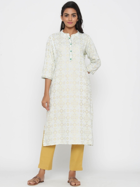 

WomenMagic Women Off-White & Gold-Toned Printed Straight Kurta