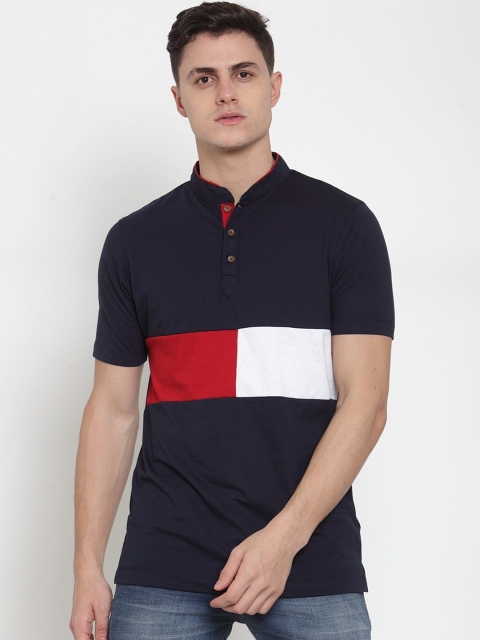 

Kalt Men Navy Blue & Red Colourblocked Mandarin Collar T-shirt