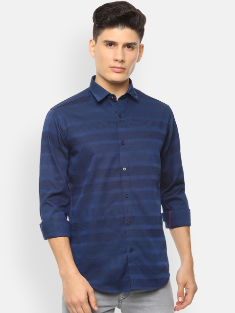 

V Dot Men Navy Blue Slim Fit Striped Casual Shirt