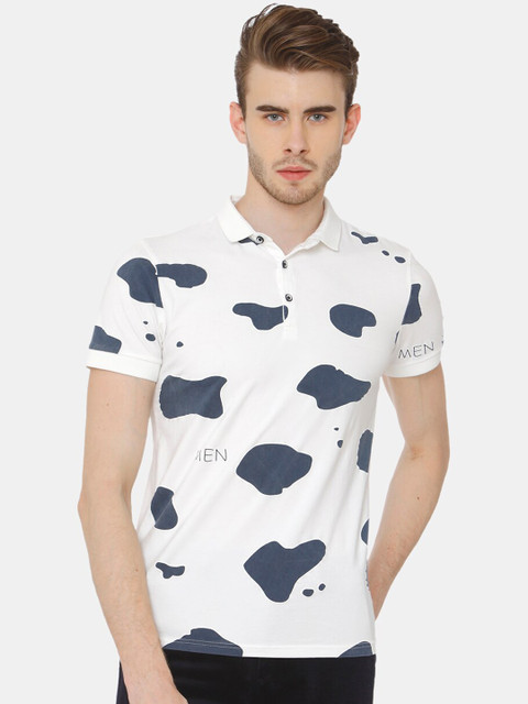

Rex Straut Jeans Men White & Navy Blue Printed Slim Fit Polo Collar T-shirt