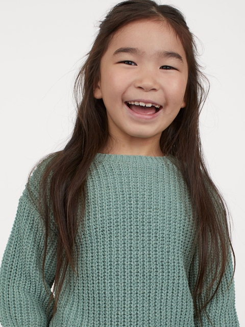 

H&M Girls Green Solid Knitted Chenille Jumper