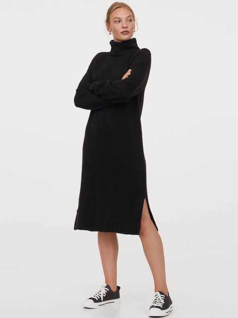 

H&M Women Black Knitted Polo-Neck Dress