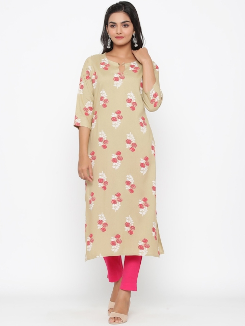 

WomenMagic Women Cream-Coloured & Pink Floral Printed Straight Kurta