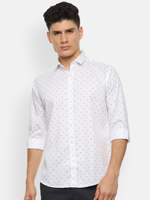 

V Dot Men White Slim Fit Printed Casual Shirt