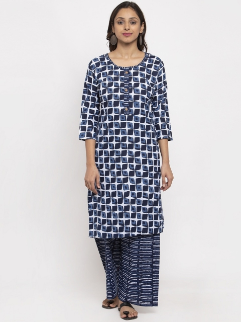 

TAG 7 Women Navy Blue & White Printed Kurti with Palazzos