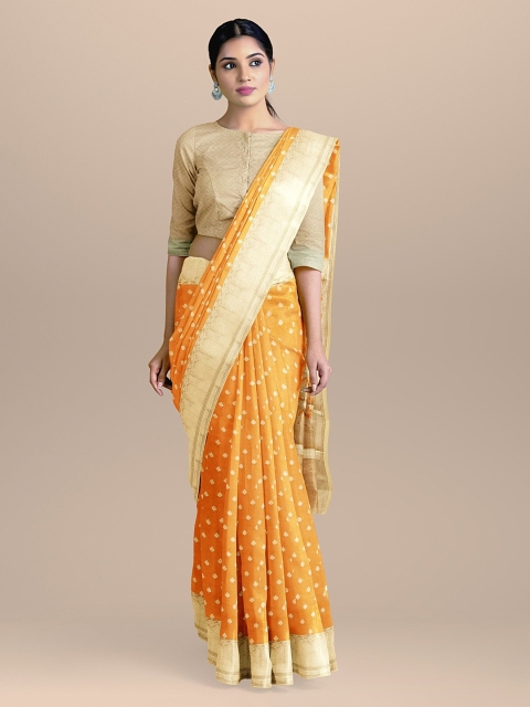 

BharatSthali Orange & Gold-Coloured Silk Cotton Woven Design Banarasi Sustainable Saree