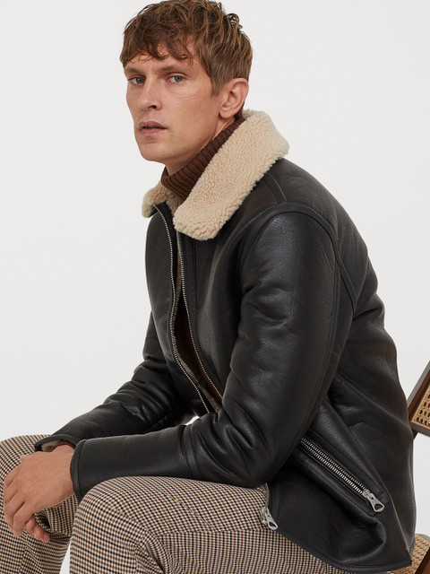 

H&M Men Black Solid Faux Shearling-Lined Jacket