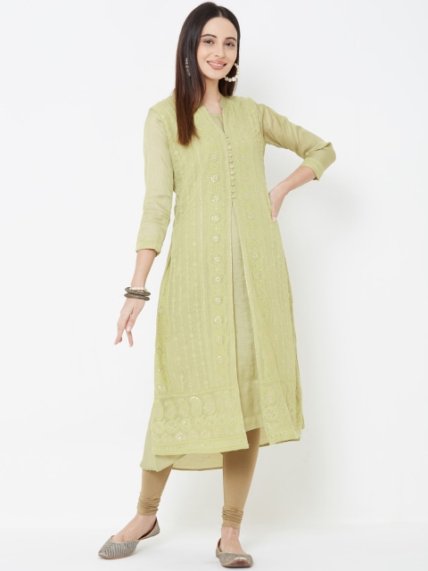 

FASHOR Women Green Floral Embroidered A-Line Kurta
