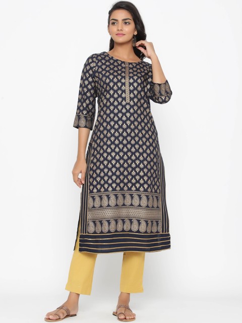 

WomenMagic Women Navy Blue Printed Straight Kurta