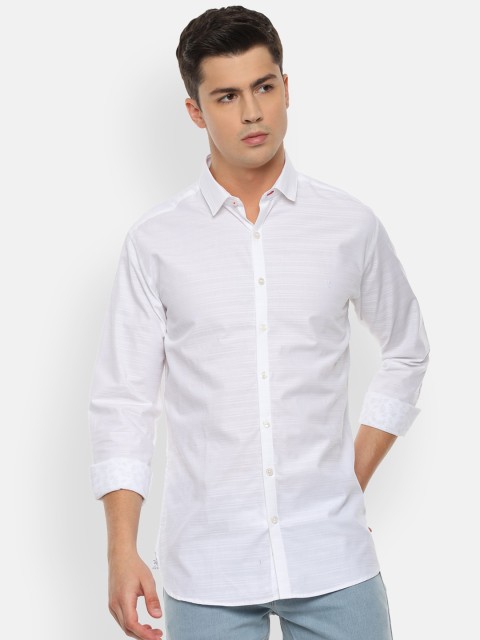 

V Dot Men White Self Design Casual Shirt