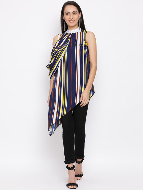 

ALL WAYS YOU Women Navy Blue & Yellow Striped A-Line Top