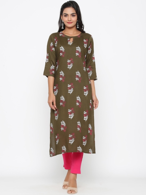 

WomenMagic Women Olive Green & White Printed Straight Kurta