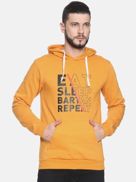 

Campus Sutra Men Mustard Yellow & Black Printed Hooded Sweatshirt