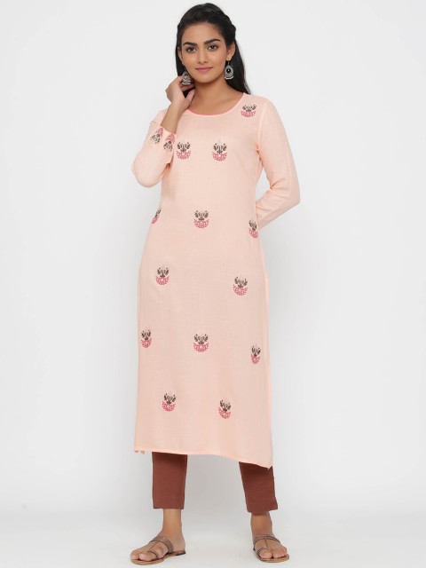 

WomenMagic Women Peach-Coloured & Brown Embroidered Straight Kurta