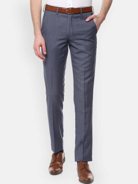 

Van Heusen Men Grey & Blue Slim Fit Checked Formal Trousers