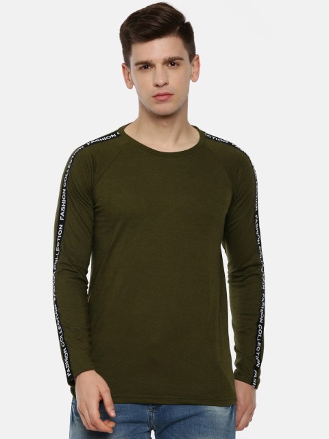 

KAY DEE Men Olive Green Solid Round Neck T-shirt with Side Stripes