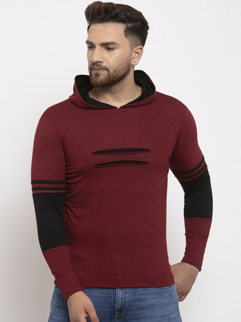 

KATSO Men Maroon Distressed Solid Hood T-shirt