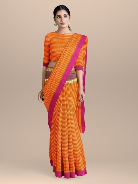 

BharatSthali Orange Silk Cotton Striped Kota Saree