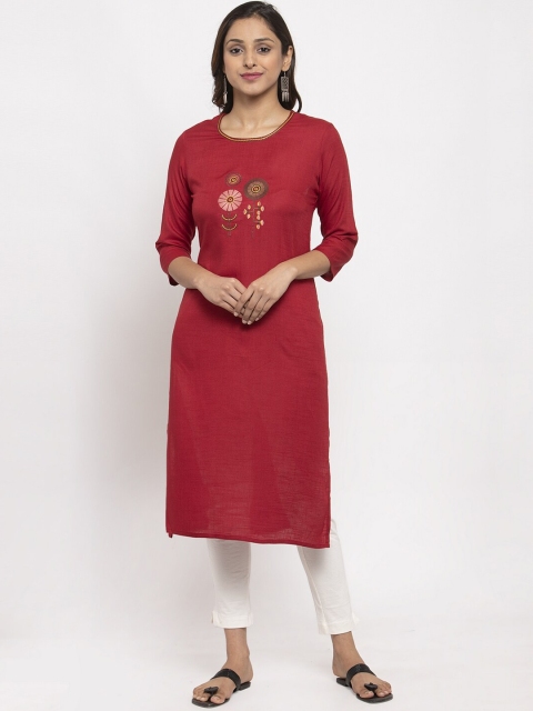 

TAG 7 Women Red Embroidered Straight Kurta