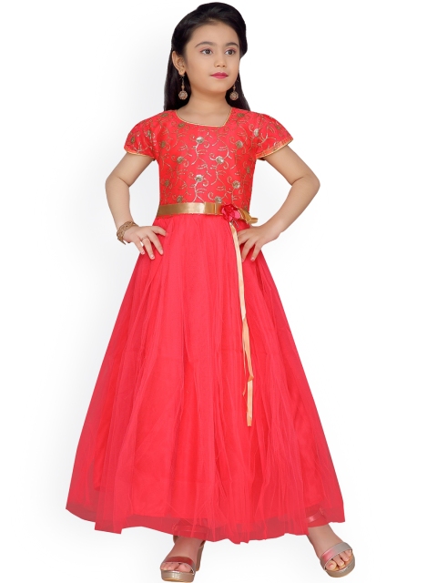 Aarika Girls Red & Gold-Coloured Embellished Maxi Silk Dress
