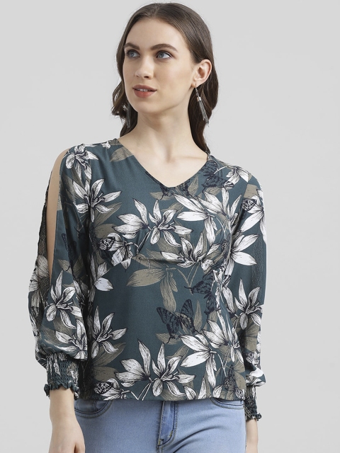 

Zink London Women Teal Blue & White Floral Printed Top