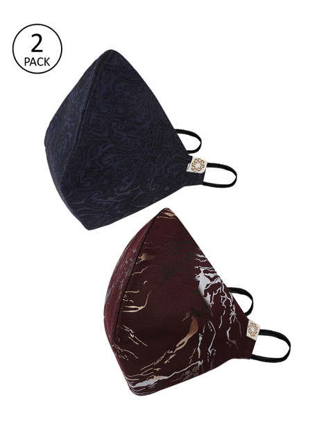 

VASTRAMAY Unisex Pack of 2 Pcs Navy Blue & Maroon Reusable 4-Ply Cloth Masks & Potli Bag