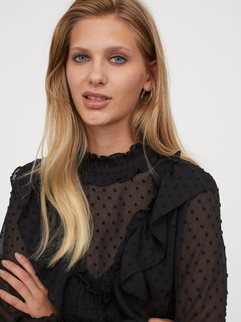 

H&M Women Black Smocking-Detail Blouse