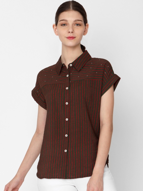 

Deal Jeans Women Olive Green Regular Fit Striped Casual Shirt