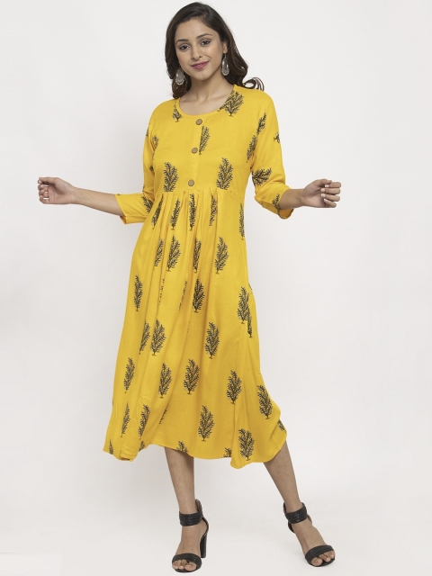 

TAG 7 Women Yellow Block Print Empire Dress