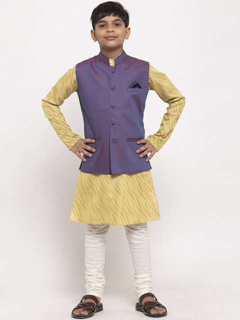 

NEUDIS Boys Yellow & Purple Printed Kurta with Churidar & Nehru Jacket