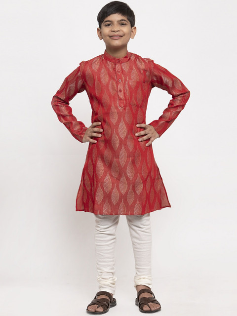 

NEUDIS Boys Red & White Printed Kurta with Pyjamas & Nehru Jacket