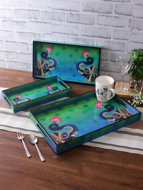 

eyda Green Set of 3 Digital Printed Rectangle Serving Trays