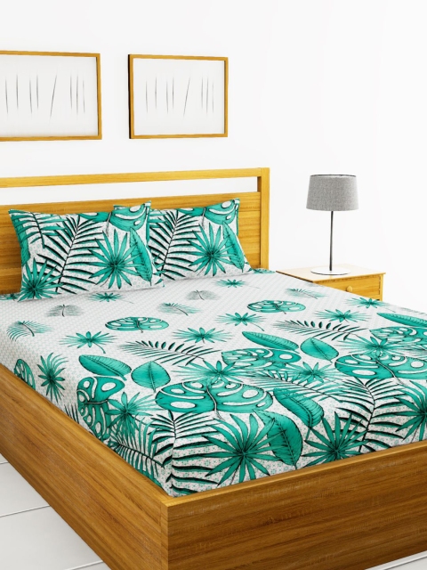 

BIANCA White & Green Floral 180 TC Cotton 1 King Bedsheet with 2 Pillow Covers