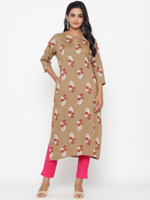 

WomenMagic Women Beige & Pink Printed Kurta with Trousers