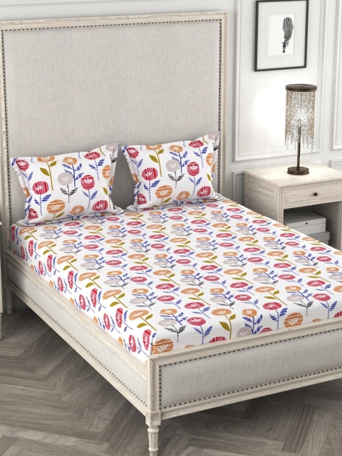 

URBAN SPACE White & Red Floral 120 TC Cotton 1 Queen Bedsheet with 2 Pillow Covers