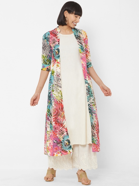 

Vedic Women Pink & White Solid A-Line Kurta With Attached Jacket