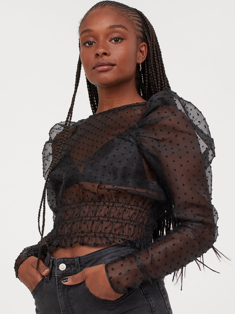 

H&M Women Black Puff-Sleeved Blouse