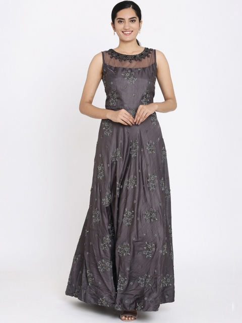 

Koskii Women Grey Embellished Maxi Gown